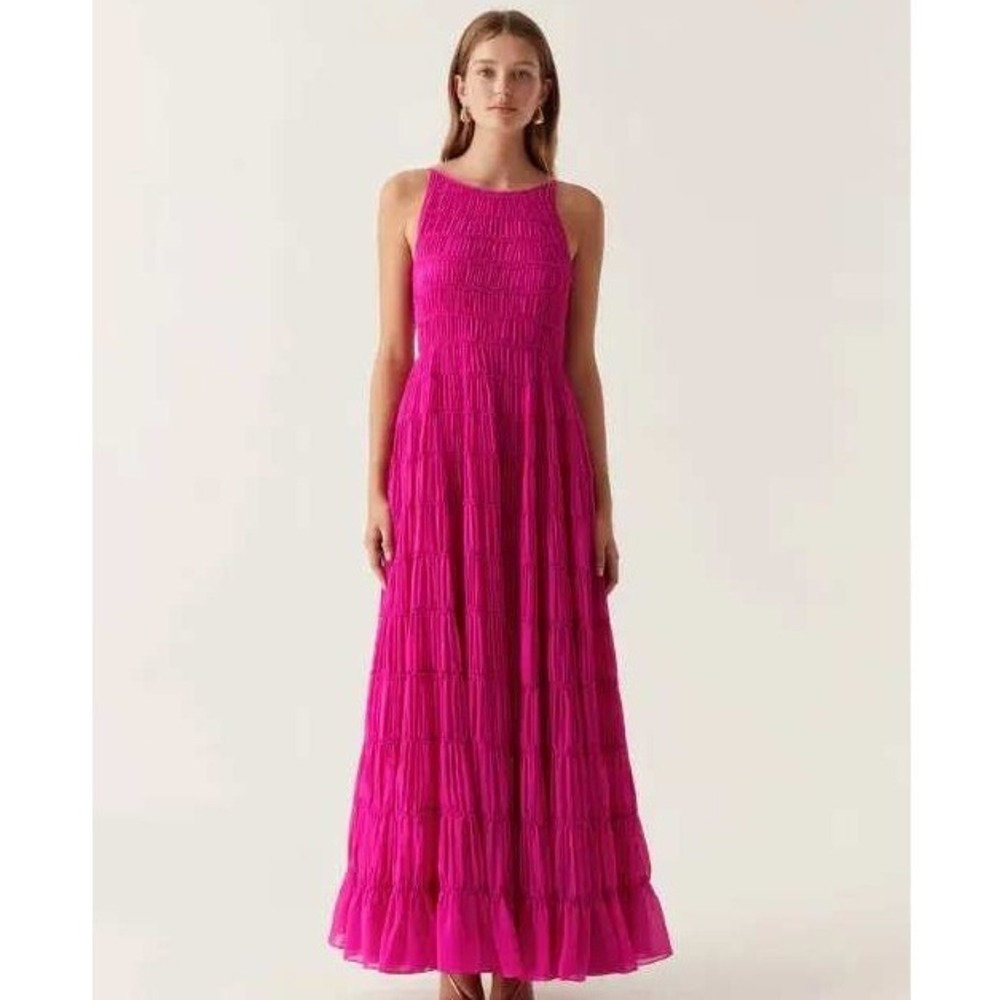 Aje Rosewood Ruched Gown Magenta Sleeveless Tiered Maxi Dress 24RE5354 US 2 NEW